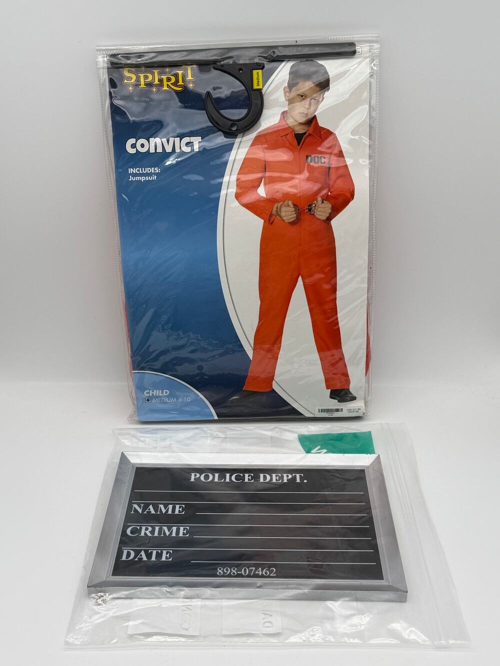 Spirit Halloween Child Convict Costume with Handcuffs & Mugshot Sign –Sz M(8-10)